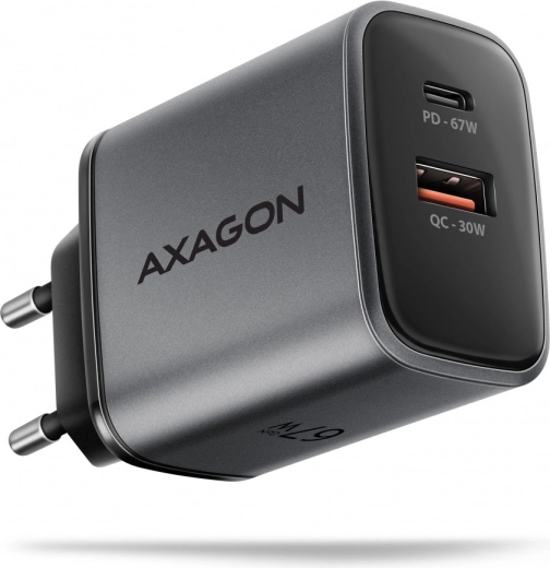 Φορτιστής πρίζας AXAGON GaN 67W με USB‑C Power Delivery και USB‑A Quick Charge, 2 θύρες