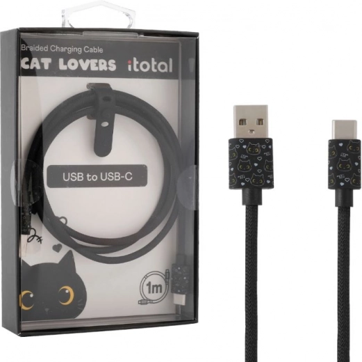 Καλώδιο φόρτισης USB‑C με μαύρη γάτα και λουράκι σιλικόνης για ρύθμιση μήκους