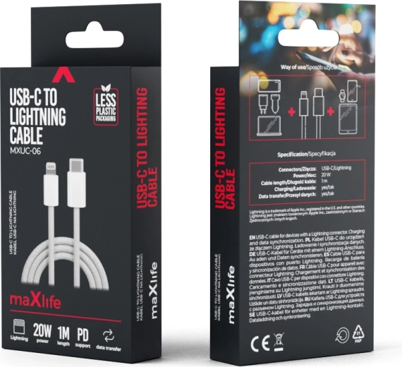 Nylon καλώδιο Maxlife USB‑C – Lightning 1 m, 20 W, γκρι