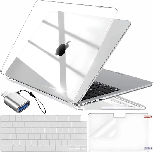 Renew Force διαφανής προστατευτική θήκη για MacBook Air 13,6" (M2 2022 / M3 2024 / M4 2025) με κάλυμμα πληκτρολογίου, μεμβράνη οθόνης και αντάπτορα USB‑C σε USB 3.0 - 1 τεμάχιο