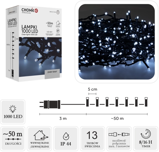 Χριστουγεννιάτικη φωτεινή αλυσίδα LED 1000 LED, ψυχρό λευκό, 53 m (50 m + 3 m)