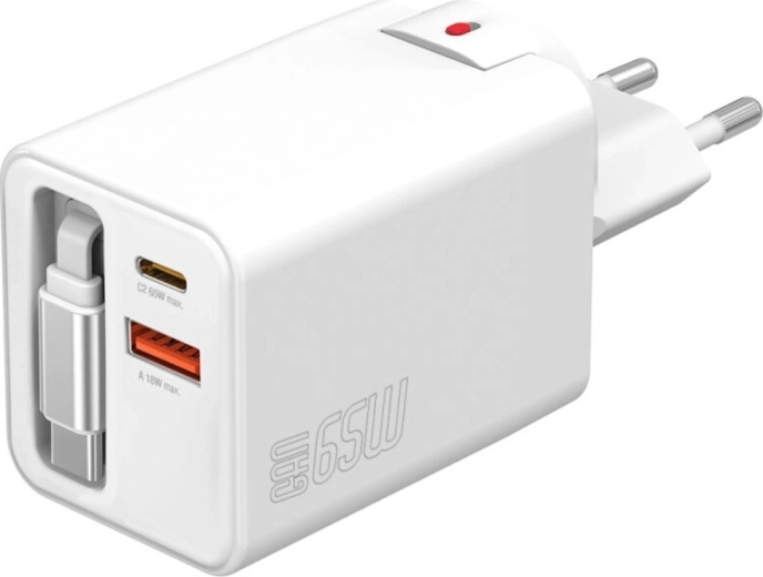 Φορτιστής πρίζας GaN 65 W με αναδιπλούμενο καλώδιο, 2× USB‑C + USB‑A, λευκός