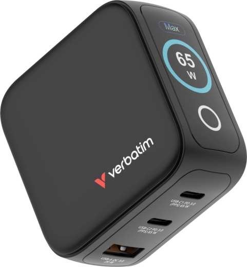 Verbatim mini φορτιστής GaN 65 W με οθόνη TFT, 2× USB‑C και 1× USB‑A, EU/UK/USA