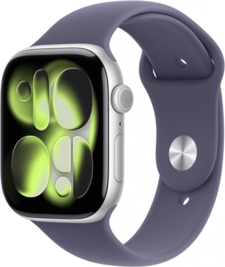 Apple Watch Series 11 GPS 46 mm ασημί αλουμίνιο με μωβ αθλητικό λουράκι S/M