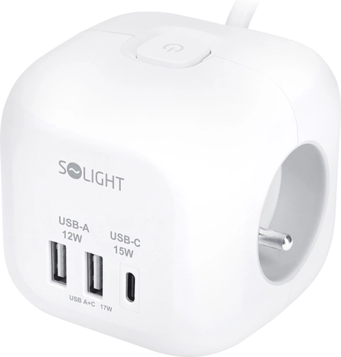 Πολύπριζο Solight σε σχήμα κύβου με 3 πρίζες + USB-A και USB-C, καλώδιο 2 m, λευκό