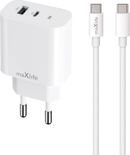 Ταχυφορτιστής Maxlife 30 W με USB‑C και USB + καλώδιο USB‑C – Lightning