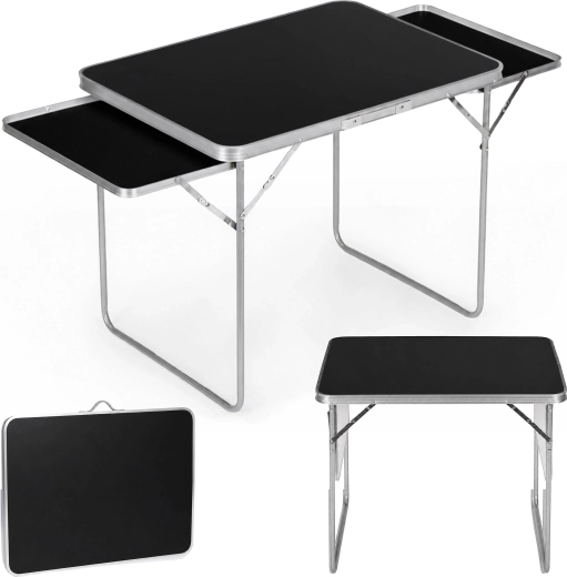 Πτυσσόμενο τραπέζι κάμπινγκ MultiGarden 120 × 60 cm με 2 πλευρικά ράφια, μαύρο