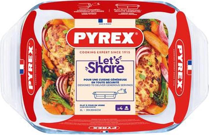 Γυάλινο ταψί με λαβές PYREX 2 l, βοριοπυριτικό 31 × 20 cm