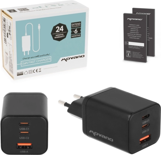 Φορτιστής Movano GaN 65 W 2× USB-C PD + USB-A, μαύρος