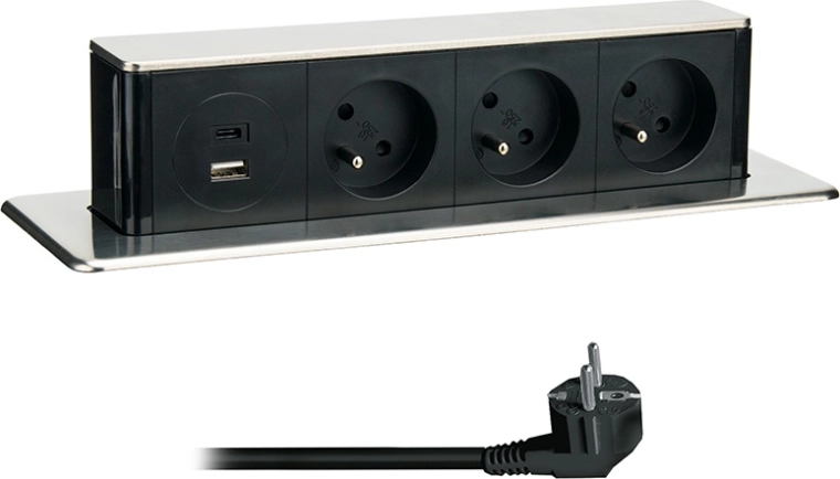 Solight ανασυρόμενο μπλοκ πριζών 3× 230 V + USB-A/USB-C 20 W PD, 2 m, ανοξείδωτο