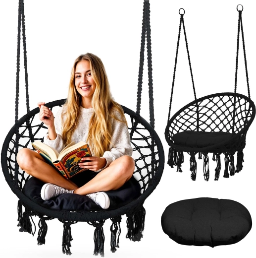 Κρεμαστή πολυθρόνα boho μαύρη με μαξιλάρι