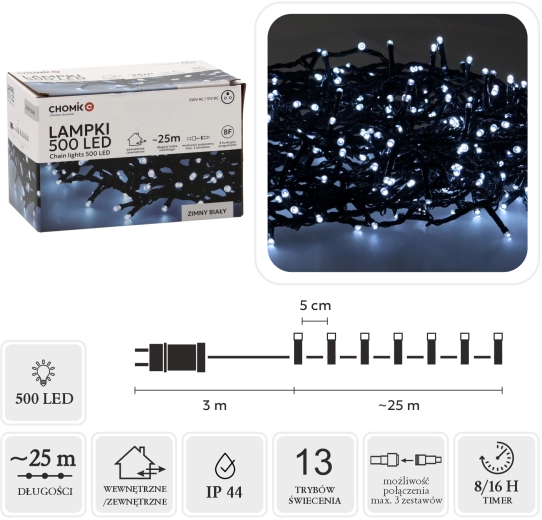 Φωτεινή γιρλάντα LED 500 LED ψυχρό λευκό 25 m, εσωτερική/εξωτερική - 1 τεμάχιο