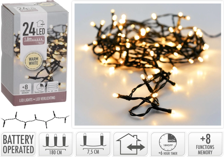 Χριστουγεννιάτικος φωτισμός LED 1,8 m, 24 LED, θερμό λευκό, 8 λειτουργίες με χρονοδιακόπτη