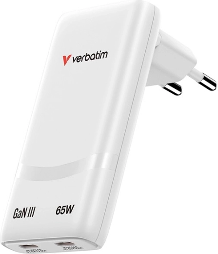 Verbatim Fold n Go φορτιστής GaN 65 W, 2× USB‑C (PD 3.0, PPS), λευκός