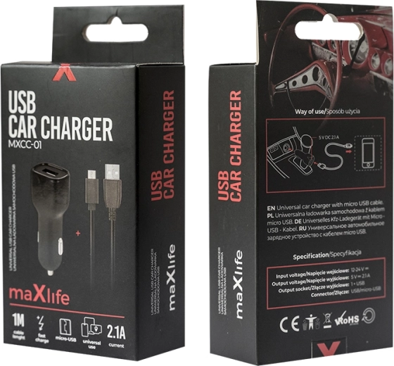 Αυτοφορτιστής Maxlife 2,1 A με microUSB, μαύρος