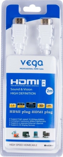 Καλώδιο HDMI Vega 3D, επιχρυσωμένοι σύνδεσμοι, 2 m, λευκό