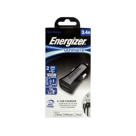 Προσαρμογέας αυτοκινήτου Energizer 3,4 A με δύο USB, μαύρος