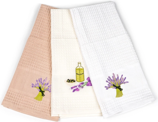 Κουζινόπανα με κέντημα Lavender 45 × 70 cm, βαμβάκι, σετ 3 τεμ.