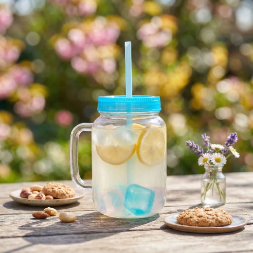 Μπλε ποτήρι με καλαμάκι και παγάκια ψύξης, 550 ml