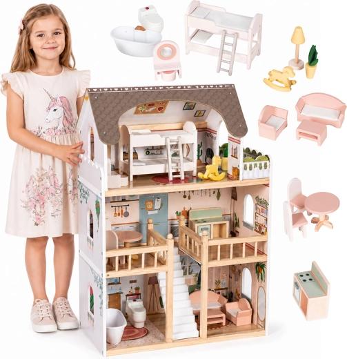 Ξύλινο κουκλόσπιτο Ecotoys Laura με 3 ορόφους και 15 τεμάχια επίπλων