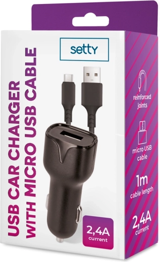 Φορτιστής αυτοκινήτου Setty 2,4 A με καλώδιο microUSB 1 m, μαύρο