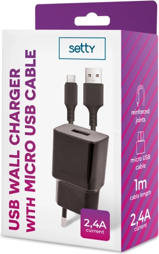 Setty φορτιστής 2,4 A με καλώδιο microUSB 1 m, μαύρος