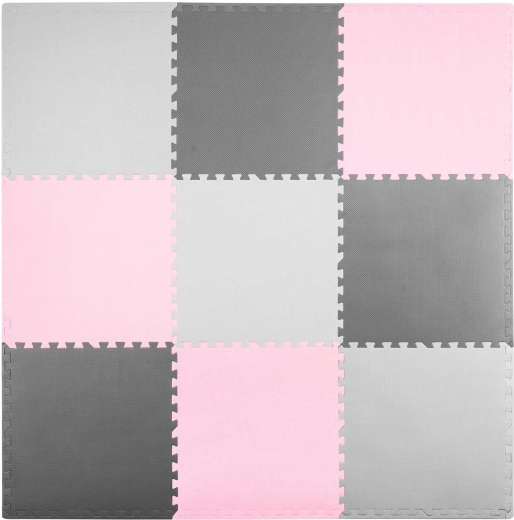 Αφρώδες παζλ-στρώμα Ricokids 180 × 180 cm γκρι-ροζ (9 τεμάχια)