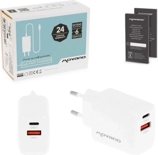 Φορτιστής Movano GaN 30 W USB-C PD + USB-A λευκός - 1 τεμ.