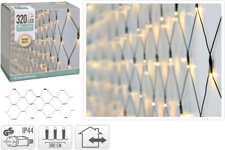 Χριστουγεννιάτικο φωτιστικό δίχτυ LED 1,5 × 3 m, 320 LED, θερμό λευκό, IP44