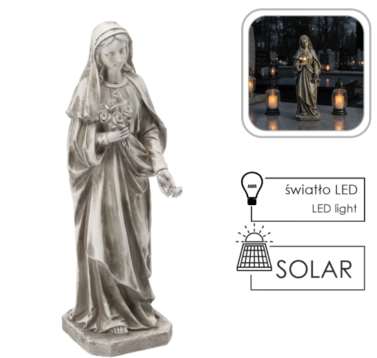 Ηλιακή φιγούρα της Παναγίας με ανθοδέσμη LED, μπεζ, 51 cm