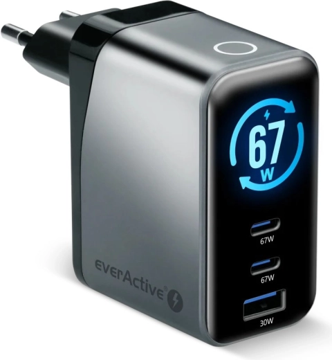 Φορτιστής EverActive GaN 67 W με LCD (2× USB-C + USB-A)