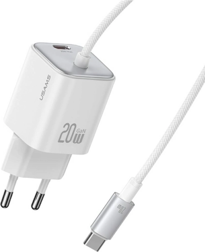 USAMS σειρά JC 20 W mini φορτιστής GaN 2× USB‑C με ενσωματωμένο καλώδιο USB‑C λευκός