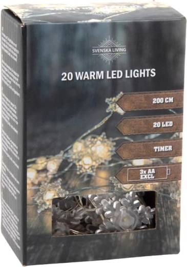 Φωτεινή γιρλάντα με χρονοδιακόπτη, 20 LED νιφάδες χιονιού, 200 cm