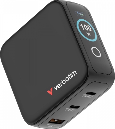 Verbatim mini φορτιστής GaN 100 W με έξυπνη οθόνη TFT αφής, 2× USB-C + USB-A, αντάπτορες EU/UK/USA