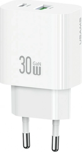 Φορτιστής τοίχου 30 W με 1× USB‑C και 1× USB‑A για γρήγορη φόρτιση, λευκός