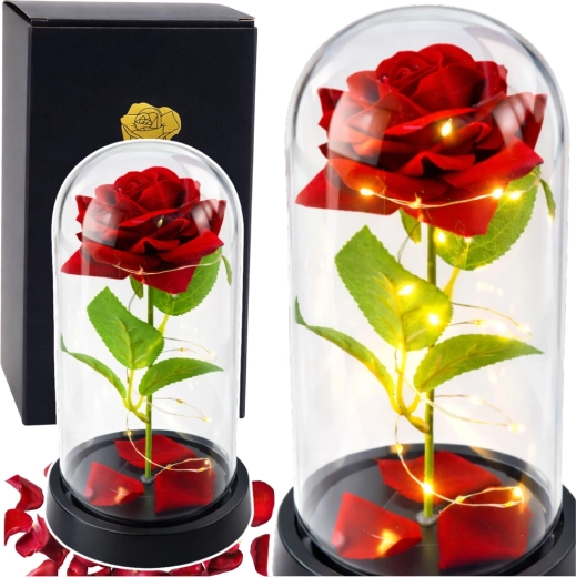 Αιώνιο κόκκινο τριαντάφυλλο σε γυάλινη καμπάνα με φωτισμό LED 21,5 × 11 cm