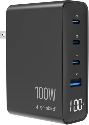 Gembird καθολικός φορτιστής GaN 100 W με LCD, 3× USB-C και 1× USB-A, μαύρος