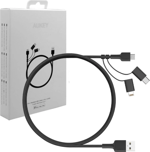 Aukey καλώδιο φόρτισης 3σε1 USB-A σε Lightning, USB‑C και micro USB 1,2 m, μαύρο νάιλον