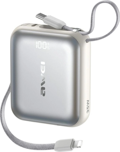Powerbank AWEI AS-181 10000 mAh, 35 W, με ενσωματωμένα καλώδια Lightning και USB‑C, ασημί