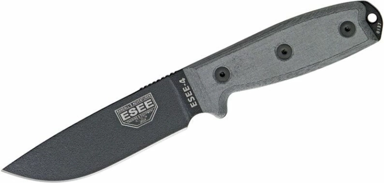 Καθολικό μαχαίρι ESEE 4 με λεπίδα 11,4 cm, Micarta, μαύρο/γκρι, θήκη MOLLE
