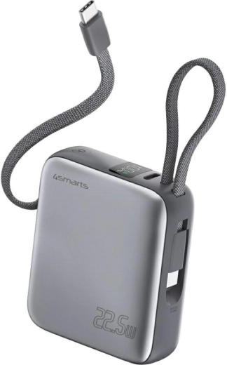 Powerbank 4smarts Pocket Dual Cord 10000 mAh 22,5 W με ενσωματωμένο καλώδιο USB‑C, γκρι