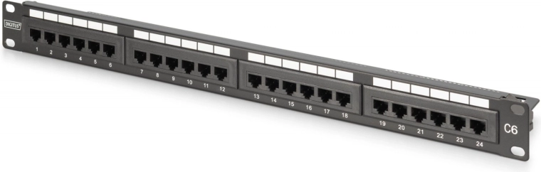 Patch panel 19" 24× RJ45 Cat 6, μη θωρακισμένο, 1U, LSA, οργάνωση καλωδίων, πεδίο επισήμανσης, μαύρο