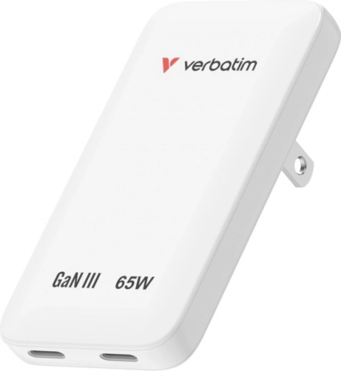 Verbatim Essentials slim φορτιστής GaN 65 W, 2× USB-C, λευκός (US/UK/EU)