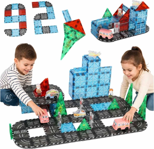 Μαγνητικά δομικά τουβλάκια κατασκευών 3D πόλη με αυτοκινητάκια – 91 τεμάχια