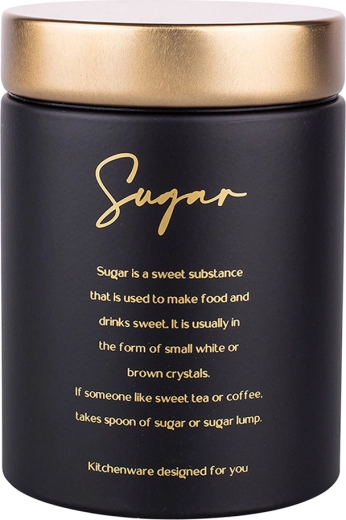 Στρογγυλό δοχείο για ζάχαρη Sugar μαύρο ματ με χρυσό καπάκι