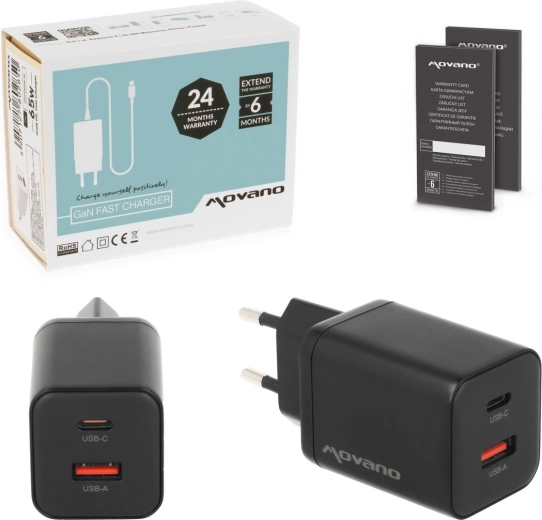 Φορτιστής τοίχου Movano GaN 45 W USB-C PD + USB-A μαύρος