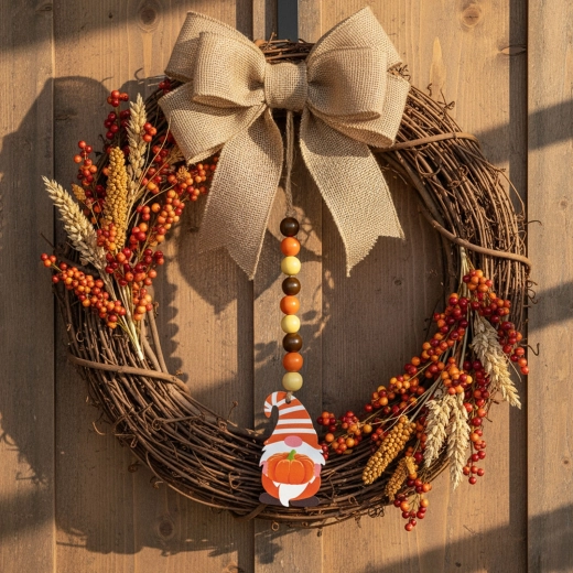 Φθινοπωρινή κρεμαστή ξύλινη διακόσμηση με ξωτικό και κολοκύθα