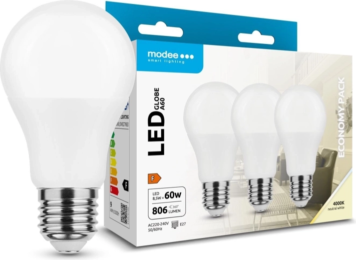 LED λάμπα Modee Globe A60 8,5 W E27, 806 lm, ουδέτερο λευκό, συσκευασία 3 τεμ.