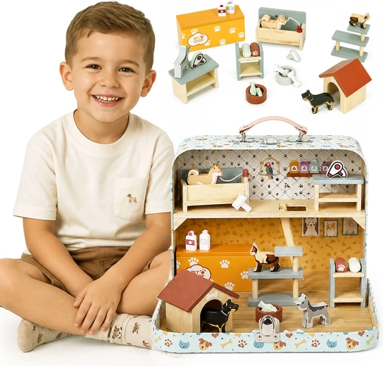 ECOTOYS ξύλινο pet shop σε φορητή βαλίτσα, διώροφο (23 αξεσουάρ)