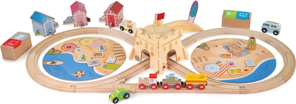 Ξύλινη σιδηροδρομική διαδρομή BIGJIGS RAIL Καθαρισμός Ακτής, 70 τεμάχια
